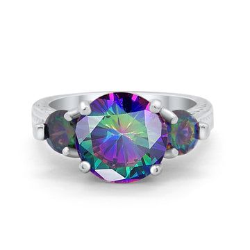 Three Stone Ring Round Simulated Rainbow CZ 925 Sterling Silver
